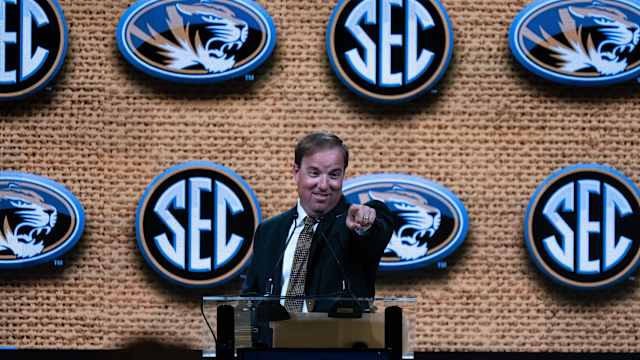 Missouri Head Coach Eliah Drinkwitz addresses the media at the 2023 SEC Football Kickoff Media Days at the Nashville Grand Hyatt on Broadway, Monday, July 17, 2023.